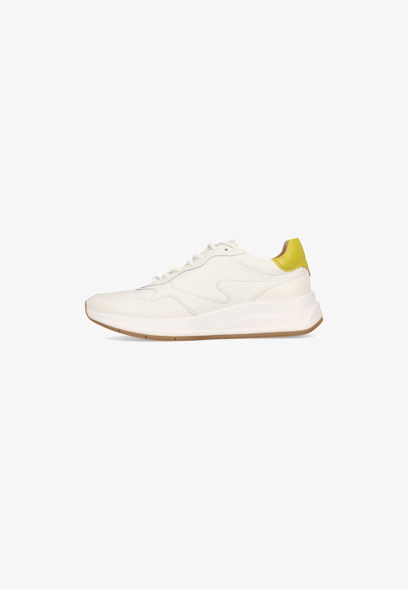 White leather sneakers with a rubber sole. Features a yellow accent at the heel, smooth surface, round toe, and classic lace-up design.