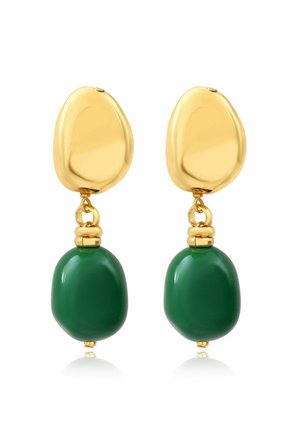 Boucles d'oreilles clous de forme abstraite ton or avec des perles lisses, arrondies et vert foncé pendantes.