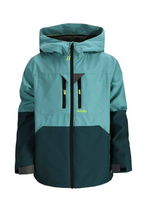 Dwukolorowa wodoodporna kurtka dziecięca w odcieniach zieleni z kapturem, z przodu zamek błyskawiczny, kieszenie na piersi na zamek oraz logo "lemon" na piersi.