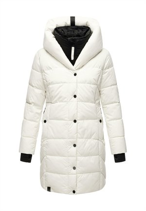 Giacca a vento bianca in stile puffo con un grande cappucci, dotata di chiusura frontale a bottoni, tasche laterali e dettagli neri ai polsini e foderi interni.