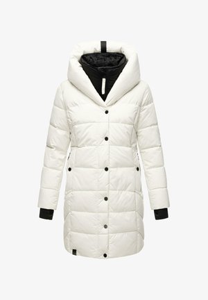 Giacca a vento bianca in stile puffo con un grande cappucci, dotata di chiusura frontale a bottoni, tasche laterali e dettagli neri ai polsini e foderi interni.