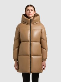 Brown padded puffer coat with a high collar, zip closure, elastic cuffs, and a quilted design. Smooth texture with a glossy finish.
