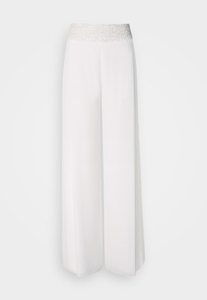 White wide-leg pants with a textured silver waistband, featuring a smooth fabric and flowing design. Suitable for various occasions.