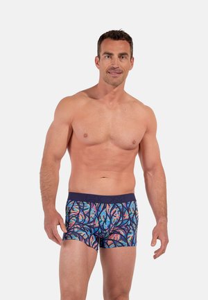 Męzczyzna o umięśnionej sylwetce stojący, ubrany w kolorowe bokserki z wzorem i ciemnoniebieskim pasem, na tle jednolitego jasnoszarego tła.