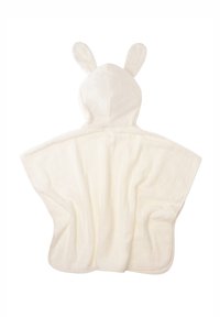 White, plush cotton poncho towel with a hood featuring two rounded ears. Soft texture with a draped design and no visible hardware.