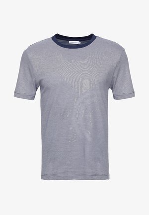T-shirt rayé à manches courtes avec un col rond, fabriqué en tissu léger bleu marine et blanc, présentant des rayures horizontales et des coutures plates.