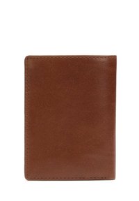 Portafoglio in pelle marrone con una texture liscia, forma rettangolare e dettagli di cucitura minimal. Chiuso, presenta un design classico.