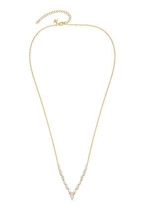 Goldene Halskette mit einer V-förmigen Reihe ovaler klarer Edelsteine und einem verstellbaren Verschluss mit Verlängerungskette.