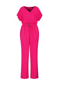 Combinaison fuchsia avec un décolleté en V, des manches courtes, une taille élastique et une ceinture en tissu avec une boucle métallique circulaire. Texture lisse.