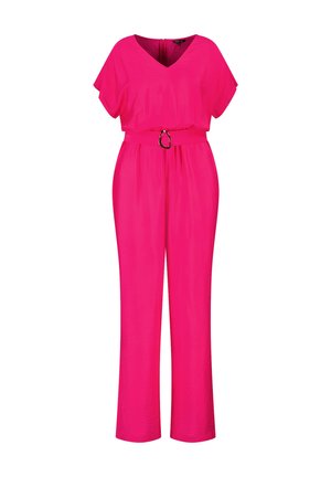 Fuchsia jumpsuit met een V-hals, korte mouwen, elastische taille en een stoffen riem met een ronde metalen gesp. Gladde textuur.