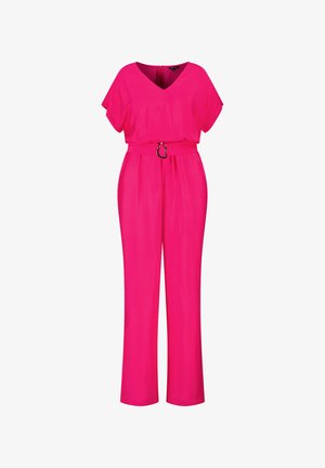 Fuchsia jumpsuit met een V-hals, korte mouwen, elastische taille en een stoffen riem met een ronde metalen gesp. Gladde textuur.