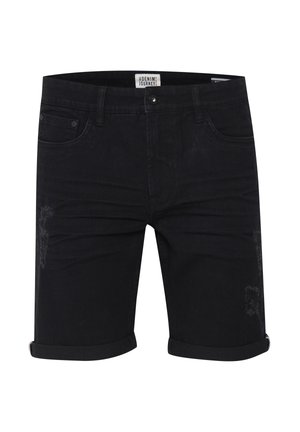 Pantaloni scurți negri din denim cu tiv întors, cu detalii uzate și design clasic cu cinci buzunare. Țesătură rezistentă cu textură fină.