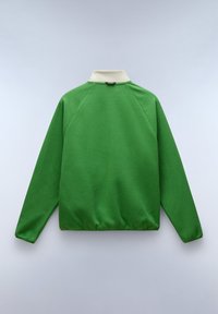 Green fleece sweatshirt with a high collar, raglan sleeves, and a textured finish. Features an elastic hem and contrasting collar color.