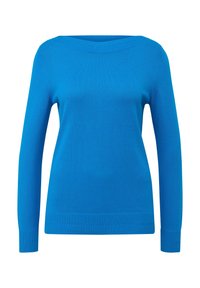 Pull tricoté bleu vif à manches longues avec encolure ronde et poignets et bas côtelés, présenté sur un fond blanc uni.