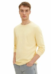 Yellow knitted sweater with a round neck, long sleeves, and ribbed cuffs. Worn with light gray pants. Smooth texture, simple design.