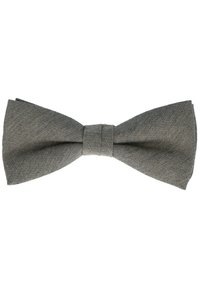 Gray woven fabric bow tie with a textured finish, featuring a central band and symmetrical wings, suitable for formal occasions.