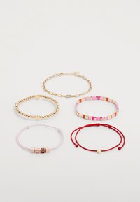 Five bracelets: a gold chain, a beaded gold with heart accents, a colored beaded band, and two adjustable string bracelets in pink and red.