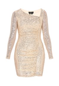 Flitteres ruha, hosszú ujjakkal, testhezálló szabással és aszimmetrikus nyakkivágással. Színei arany és ezüst, texturált részletekkel.