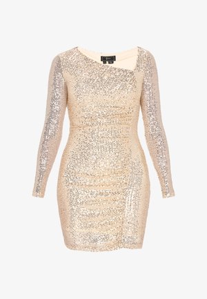 Robe à sequins avec manches longues, coupe ajustée et encolure asymétrique. Couleurs comprenant l'or et l'argent avec des détails texturés.