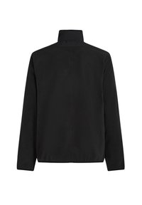 Giacca nera a maniche lunghe con colletto rialzato, realizzata in tessuto liscio. Presenta un design semplice senza chiusure visibili o fantasie.