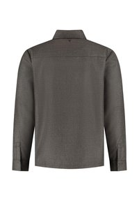 Langarmshirt in donkergrijs, textiel met een structuur en een kraag. Heeft een schoudernaad en knoopmanchetten. Achteraan is het ontwerp strak en eenvoudig.