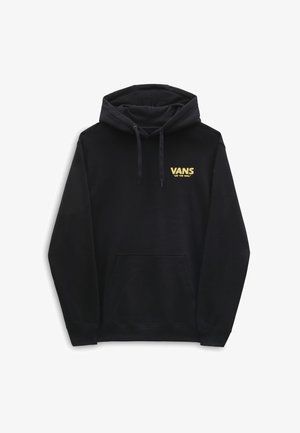 Felpa nera realizzata in materiale morbido. Presenta una tasca frontale, un cappuccio con cordino e il logo giallo "VANS Off the Wall" sul petto. Design semplice.