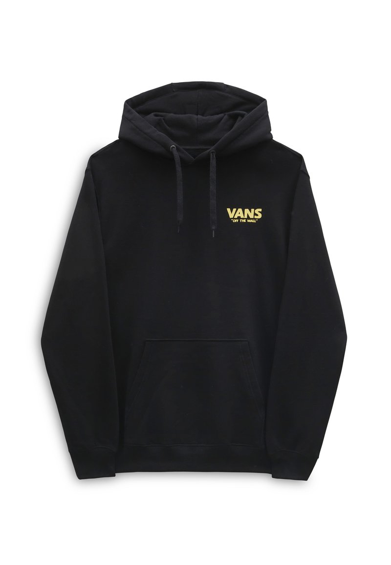 Felpa nera realizzata in materiale morbido. Presenta una tasca frontale, un cappuccio con cordino e il logo giallo "VANS Off the Wall" sul petto. Design semplice.