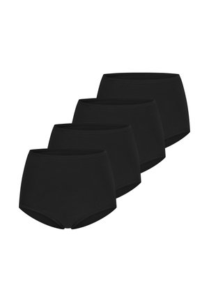 Four pairs of plain black high-waist briefs arranged in a staggered row on a white background.