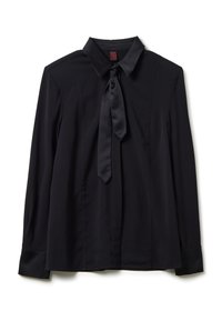 Black long-sleeve blouse with pointed collar and a satin necktie detail, laid flat on a white background.