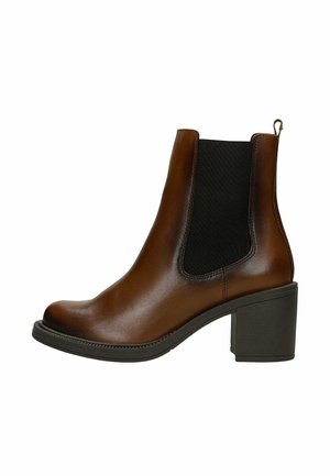Brown leather ankle boot with black elastic side panel, block heel, and pull tab at back.