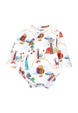 Langarm rompertje met een witte achtergrond en kleurrijke luchtballonnen, bomen, wolken en fantasierijke dieren. Zachte cotton stof.
