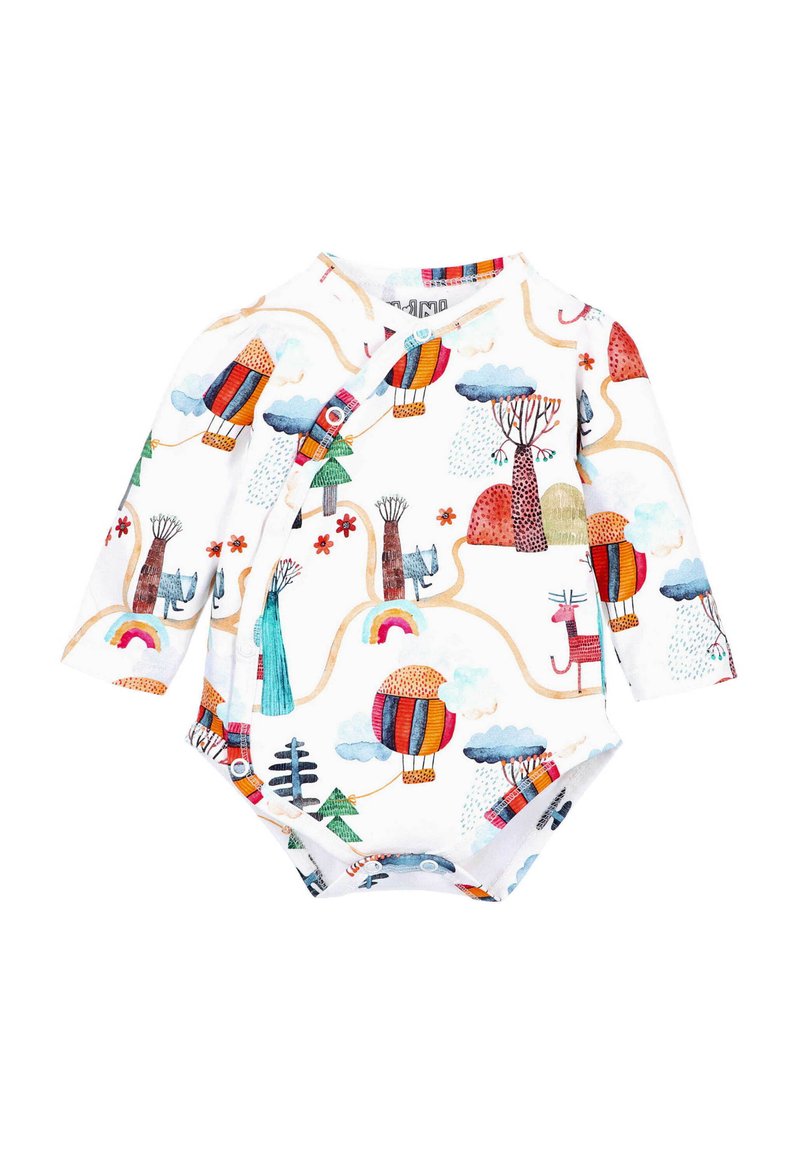 Langærmet heldragt med en hvid baggrund og farverige luftballoner, træer, skyer og fantasifulde dyr. Blødt bomuldsstof.