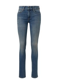 Slim-fit blue jeans made from denim, featuring a light wash with subtle fading, traditional five-pocket design, and button closure.