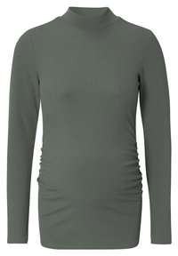 Langærmet graviditetsbluse i olivengrøn ribbet stof, med en mock neck og samlinger på siden for justerbar pasform.