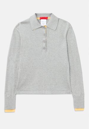Gray long-sleeve polo shirt with a collar, featuring four front buttons and ribbed cuffs with a yellow accent at the ends.