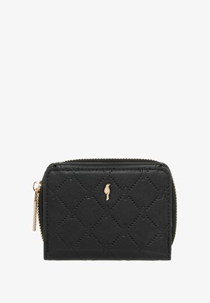 Czarny portfel na zamek wykonany z teksturowanej skóry, z diamentowym wzorem, złotymi akcentami i małym logo z przodu.