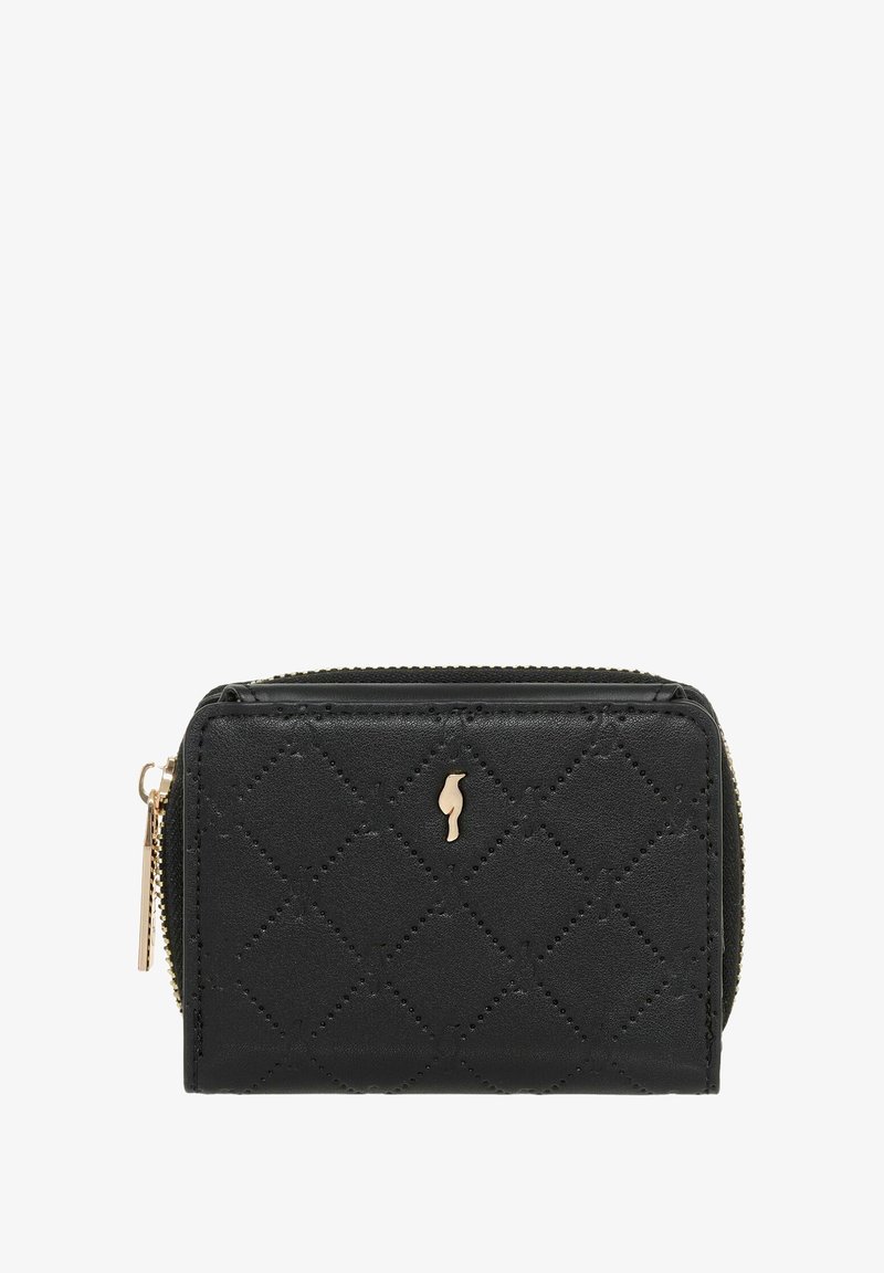 Czarny portfel na zamek wykonany z teksturowanej skóry, z diamentowym wzorem, złotymi akcentami i małym logo z przodu.