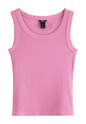 Ærmeløs lyserød ribstrikket tanktop med rund halsudskæring, størrelse small, med Lindex-mærke inde i kraven.
