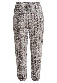Lösa byxor med elastisk midja och mudd, prydda med ett grått, brunt och svart ormskinnsmönster, samt dragsko med metallspetsar.