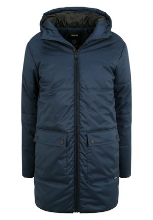 Giacca imbottita blu navy con cappuccio, zip frontale e due tasche con bottone. Tessuto liscio, materiale isolante e design leggermente aderente.