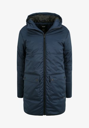 Navy blue padded jacket with a hood, front zip, and two buttoned pockets. Smooth texture, insulated fabric, and a slightly fitted design.