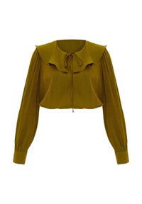 Blouse à manches longues vert olive avec un large col à volants et un détail de nœud, présentant un tissu froncé et des manches à poignets.