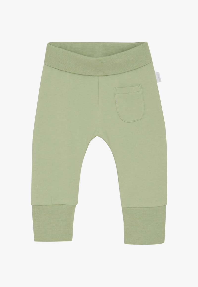 Zachte groene babybroek met elastische tailleband, een klein voorvakje aan de rechterkant en opgerolde enkels.