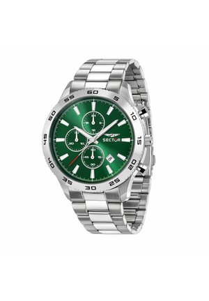 Orologio da polso da uomo in acciaio inox argentato con quadrante verde, tre subquadranti, finestra della data e ghiera girevole con numeri.
