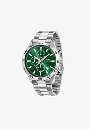 Orologio da polso da uomo in acciaio inox argentato con quadrante verde, tre subquadranti, finestra della data e ghiera girevole con numeri.