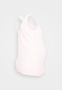 Top de maternidade rosa claro com decote arredondado, alças largas e hem de corte curvo, feito de um tecido macio e respirável.