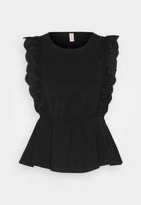 Sort ærmeløs bluse med rund halsudskæring, rynket blondertrim langs skuldrene og flæset peplumkant ved taljen.