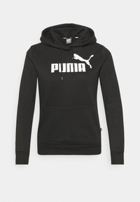 Felpa nera con cappuccio in morbido tessuto, dotata di tasca a marsupio, coulisse regolabili e un grande logo bianco "PUMA" con una grafica di un puma in salto.