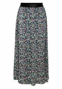 Gonna midi floreale con vita nera, sfondo blu navy e un vivace motivo di fiori multicolori e vegetazione. Tessuto leggero.