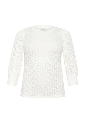 Haut en tricot blanc avec un motif en diamant, encolure ronde et manches bouffantes trois quarts. Texture douce avec un design à coupe ample.